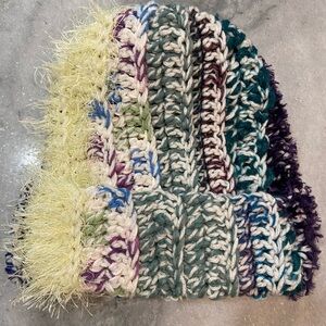 Handmade Crochet Chunky Ribbed Upcycled Multi Fiber Scrappy Yarn Beanie Hat
